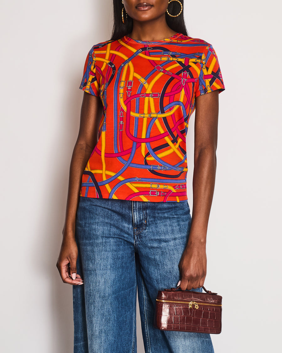 Hermes Orange T-Shirt with Multi-Coloured Belt and Buckle Print Size FR 38 (UK 10)