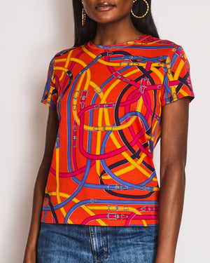 Hermes Orange T-Shirt with Multi-Coloured Belt and Buckle Print Size FR 38 (UK 10)