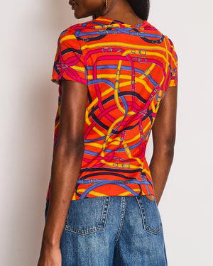 Hermes Orange T-Shirt with Multi-Coloured Belt and Buckle Print Size FR 38 (UK 10)