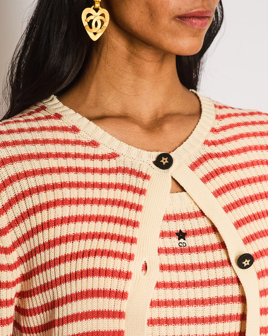 Christian Dior Cream and Coral Striped Cardigan and Vest Set with Star Logo Size FR 38 (UK 10)