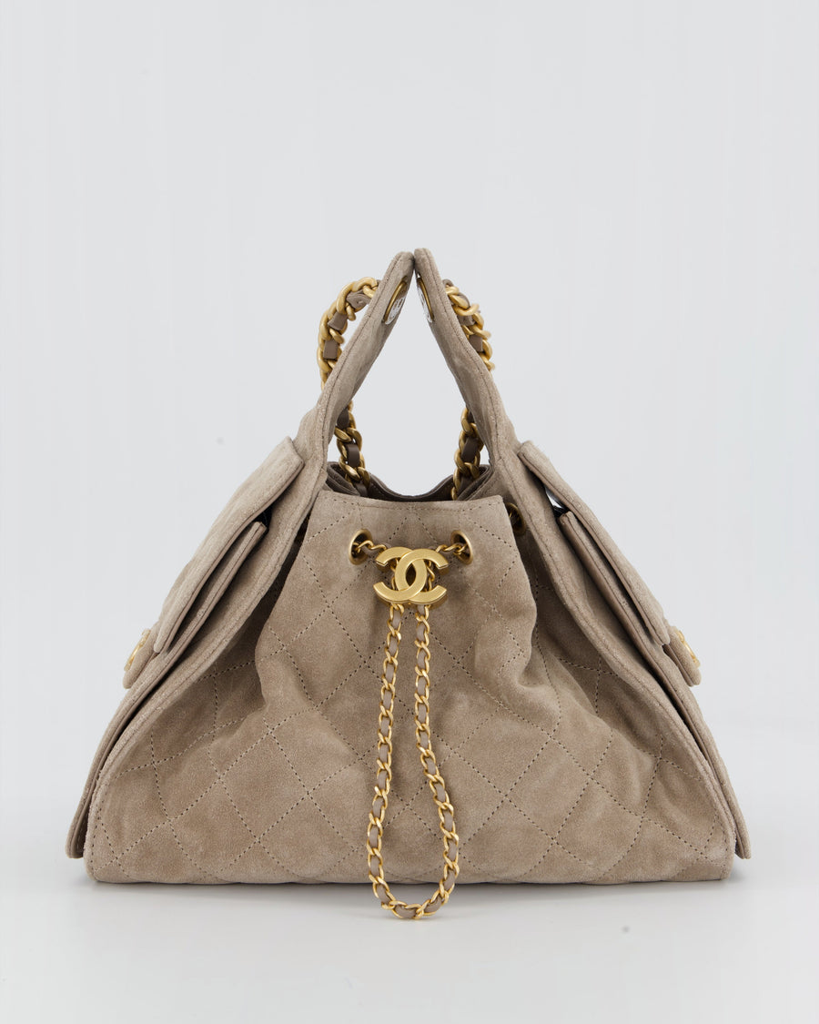 *HOT* Chanel 25 Small Handbag in Greige Suede with Gold Hardware