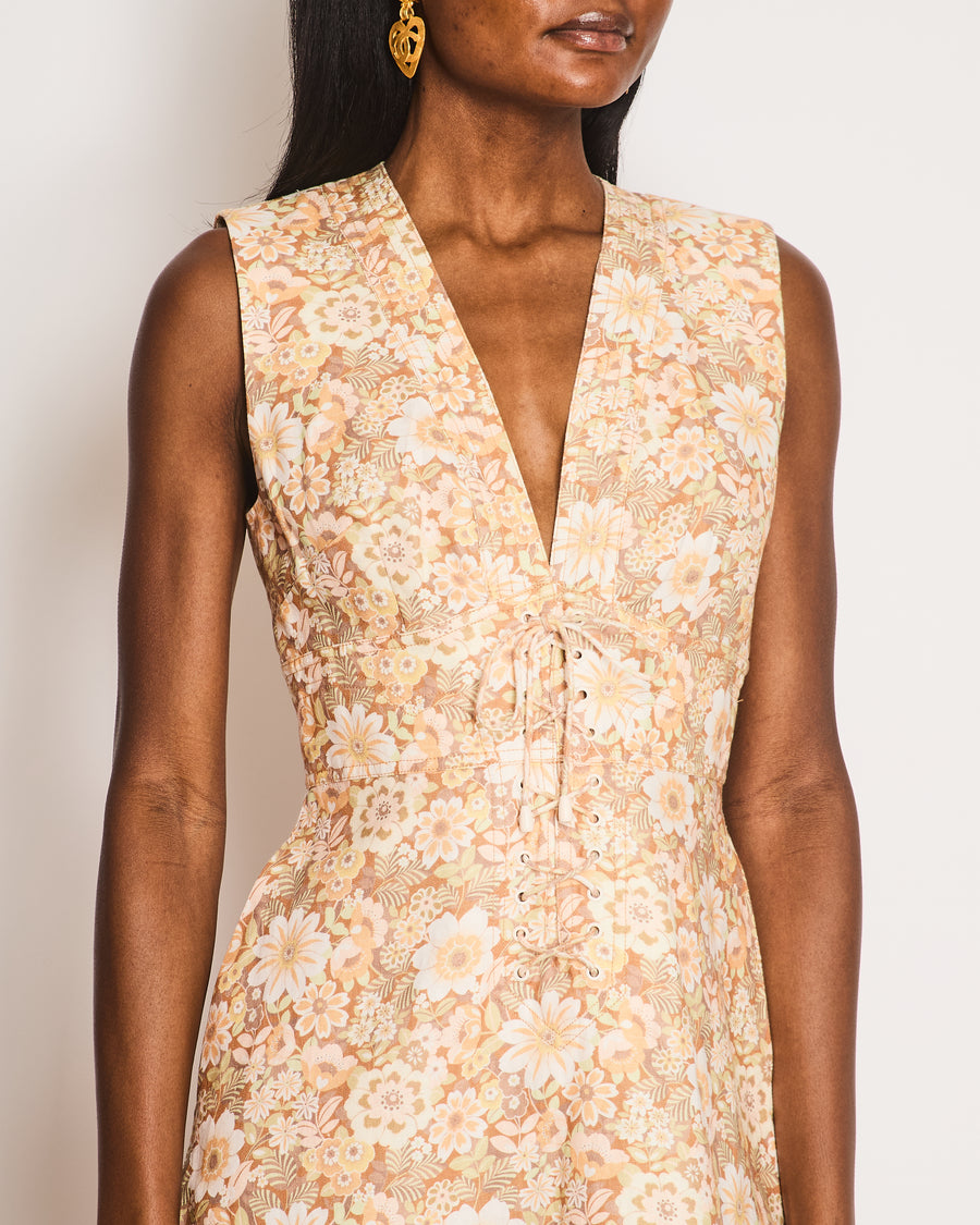 Zimmermann Yellow Floral Print Linen Dress with Corset Tie Details Size 2 (UK 12)