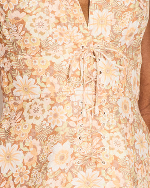 Zimmermann Yellow Floral Print Linen Dress with Corset Tie Details Size 2 (UK 12)