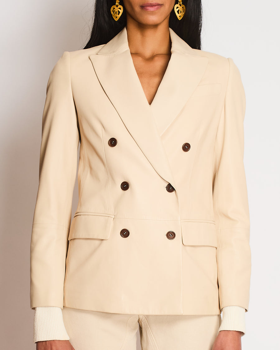 Brunello Cucinelli Cream Double Breasted Leather Blazer Size IT 38 (UK 6)