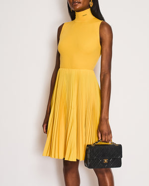 Prada Yellow High Neck Sleeveless Dress with Logo and Pleated Detail Size IT 38 (UK 6)