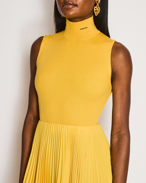Prada Yellow High Neck Sleeveless Dress with Logo and Pleated Detail Size IT 38 (UK 6)