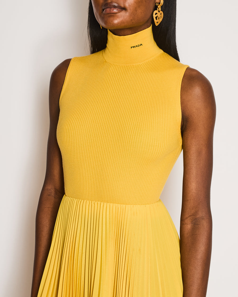 Prada Yellow High Neck Sleeveless Dress with Logo and Pleated Detail Size IT 38 (UK 6)