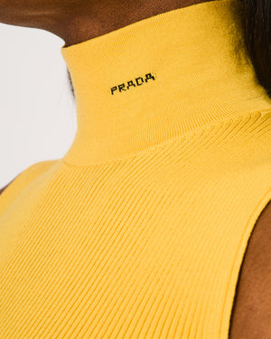 Prada Yellow High Neck Sleeveless Dress with Logo and Pleated Detail Size IT 38 (UK 6)