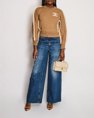Chanel 24K Beige Cotton With CC Logo Shearling Details Jumper With Rushed CC Trim Details Size FR 36 (UK 8)