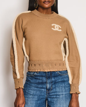 Chanel 24K Beige Cotton With CC Logo Shearling Details Jumper With Rushed CC Trim Details Size FR 36 (UK 8)