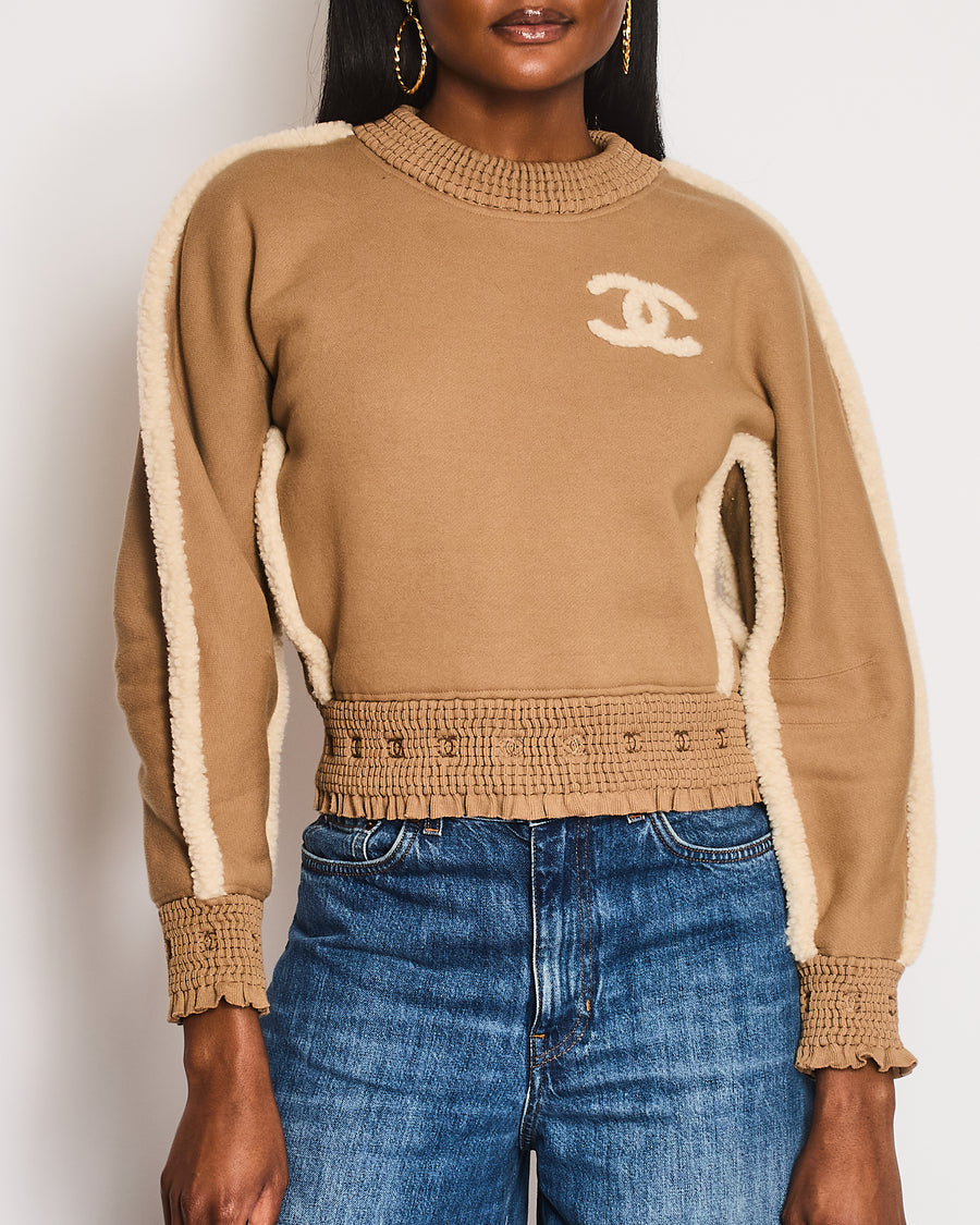 Chanel 24K Beige Cotton With CC Logo Shearling Details Jumper With Rushed CC Trim Details Size FR 36 (UK 8)