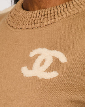 Chanel 24K Beige Cotton With CC Logo Shearling Details Jumper With Rushed CC Trim Details Size FR 36 (UK 8)