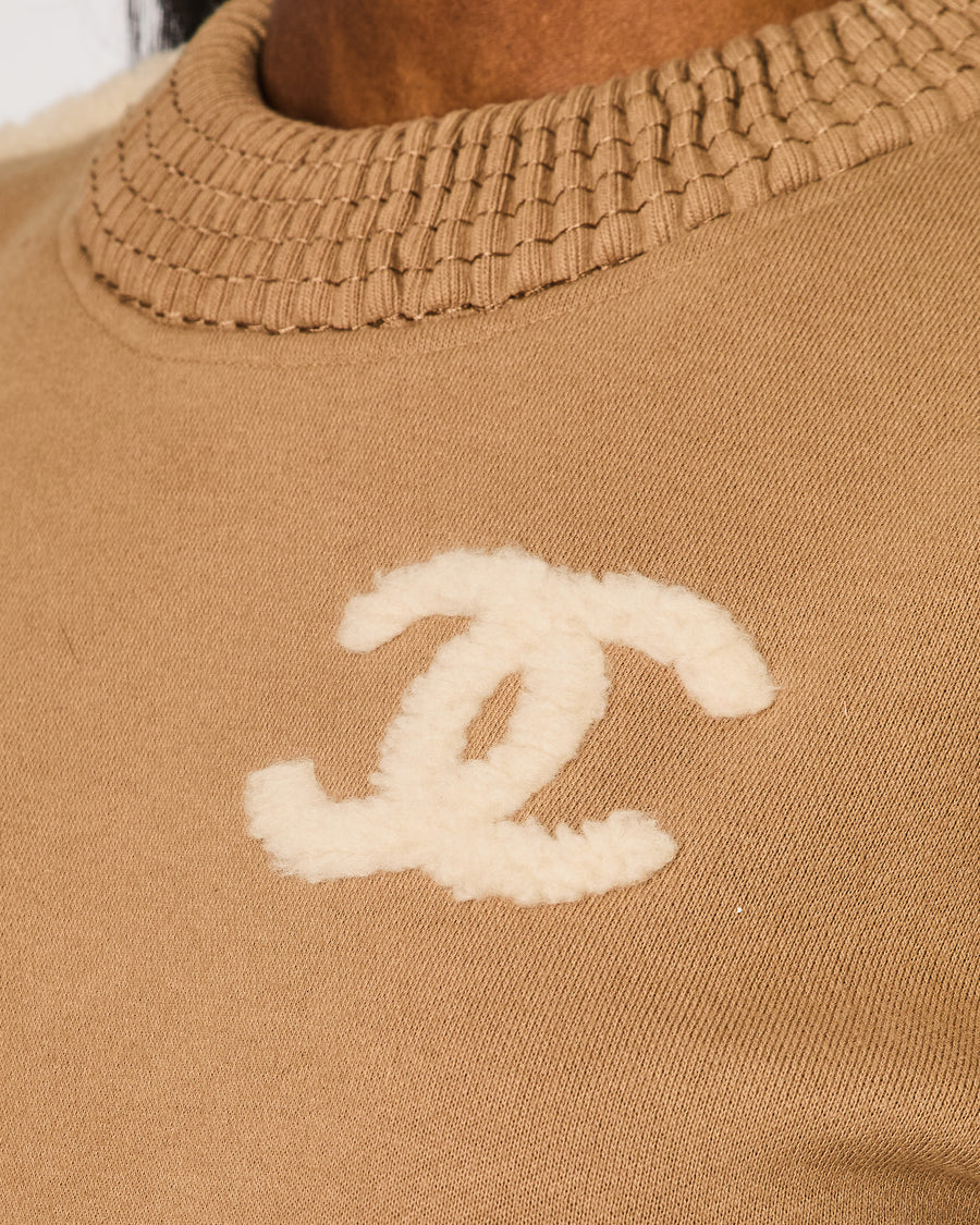 Chanel 24K Beige Cotton With CC Logo Shearling Details Jumper With Rushed CC Trim Details Size FR 36 (UK 8)