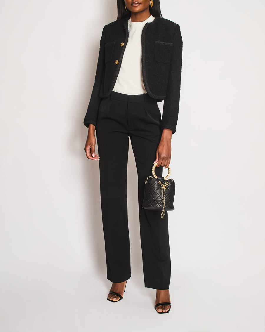 Celine Tweed Black  Collarless Button Down Cropped Jacket Size FR 36 (UK 8)