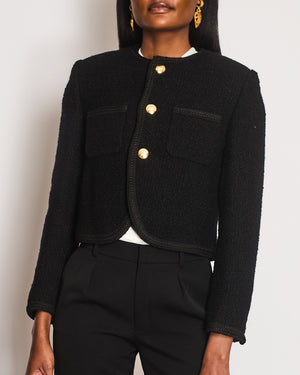 Celine Tweed Black  Collarless Button Down Cropped Jacket Size FR 36 (UK 8)