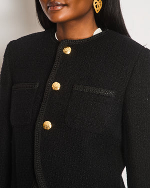 Celine Tweed Black  Collarless Button Down Cropped Jacket Size FR 36 (UK 8)