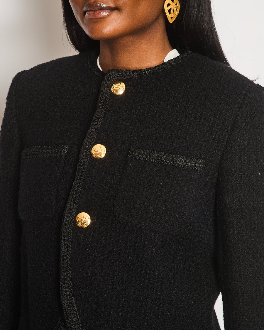 Celine Tweed Black  Collarless Button Down Cropped Jacket Size FR 36 (UK 8)