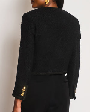 Celine Tweed Black  Collarless Button Down Cropped Jacket Size FR 36 (UK 8)