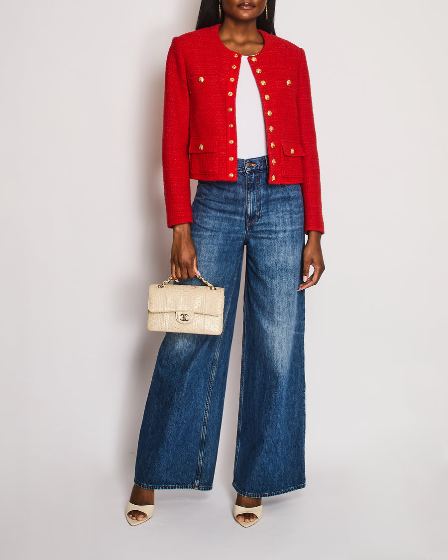 Celine Tweed Red Collarless Button Down Jacket Size FR 36 (UK 8)