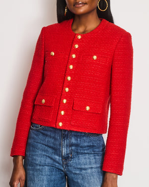 Celine Tweed Red Collarless Button Down Jacket Size FR 36 (UK 8)