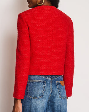 Celine Tweed Red Collarless Button Down Jacket Size FR 36 (UK 8)