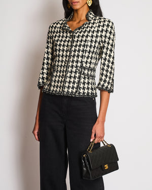 Chanel 08P Houndstooth Beige and Black Tweed Jacket With 3/4 Sleeves Size FR 36 (UK 8)