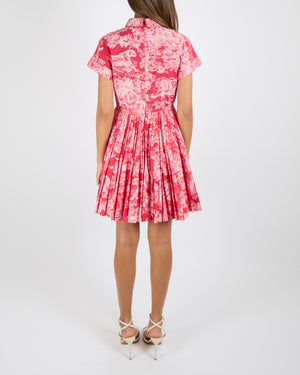 Christian Dior Pink Dioriviera Toile De Jouy Printed Short-Sleeved Mini Dress with Pleated Skirt and Black Buttons Size FR 36 (UK 8) RRP £2,500