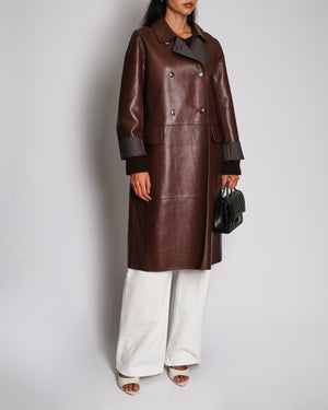Yves Salomon Long Double-Breasted Coat in Merlot Lambskin Leather with Brown Tortoiseshell Buttons Size FR 42 (UK 14) RRP £2,880