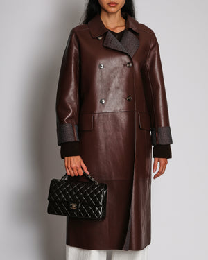 Yves Salomon Long Double-Breasted Coat in Merlot Lambskin Leather with Brown Tortoiseshell Buttons Size FR 42 (UK 14) RRP £2,880