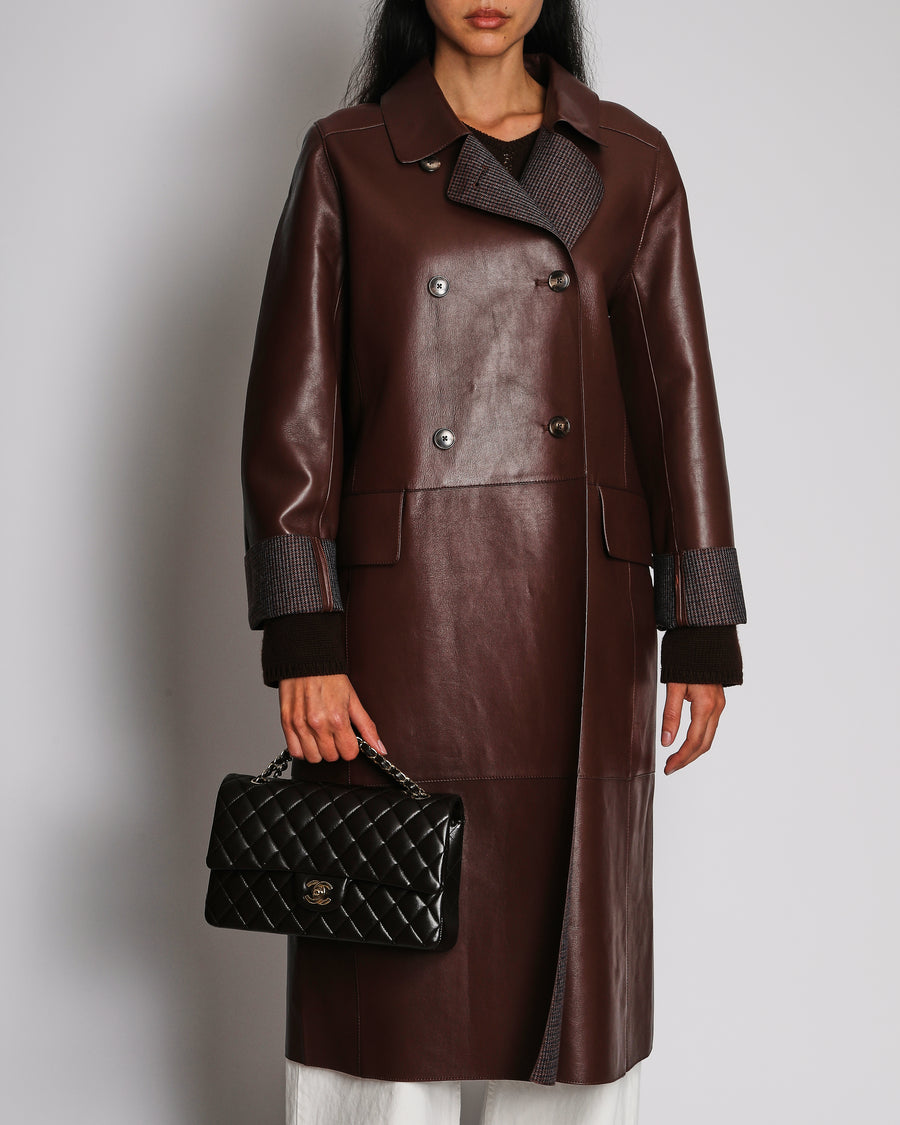 Yves Salomon Long Double-Breasted Coat in Merlot Lambskin Leather with Brown Tortoiseshell Buttons Size FR 42 (UK 14) RRP £2,880