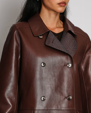 Yves Salomon Long Double-Breasted Coat in Merlot Lambskin Leather with Brown Tortoiseshell Buttons Size FR 42 (UK 14) RRP £2,880