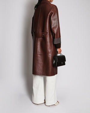 Yves Salomon Long Double-Breasted Coat in Merlot Lambskin Leather with Brown Tortoiseshell Buttons Size FR 42 (UK 14) RRP £2,880