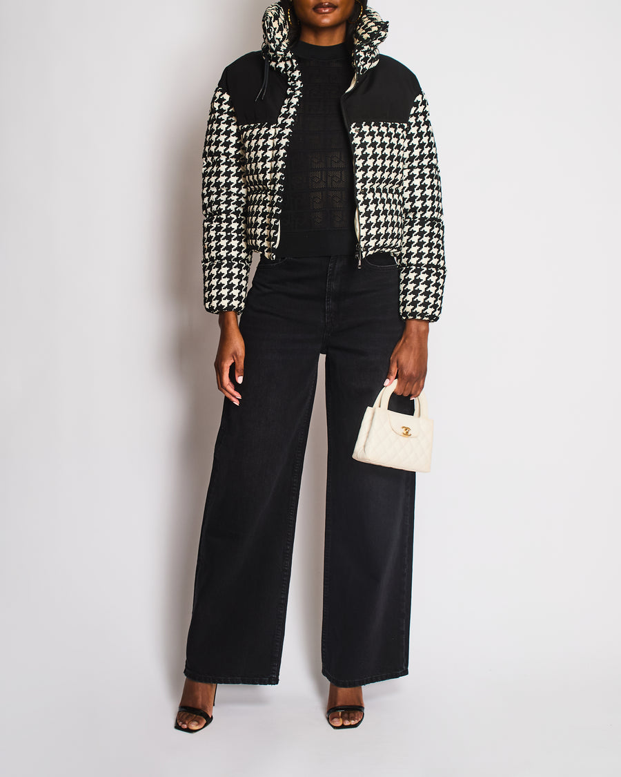 Moncler Black and White Houndstooth Puffer Jacket with Concealed Hood in Zip Neck Size 0 (UK 6)