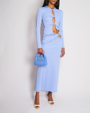 Christopher Esber Baby Blue Ribbed Longsleeve Cut Out Top and Midi Skirt With Cut Out Lace Detailing Set Size 8