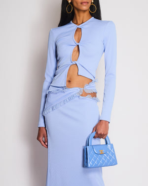 Christopher Esber Baby Blue Ribbed Longsleeve Cut Out Top and Midi Skirt With Cut Out Lace Detailing Set Size 8
