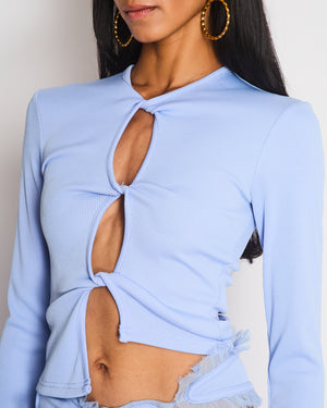 Christopher Esber Baby Blue Ribbed Longsleeve Cut Out Top and Midi Skirt With Cut Out Lace Detailing Set Size 8