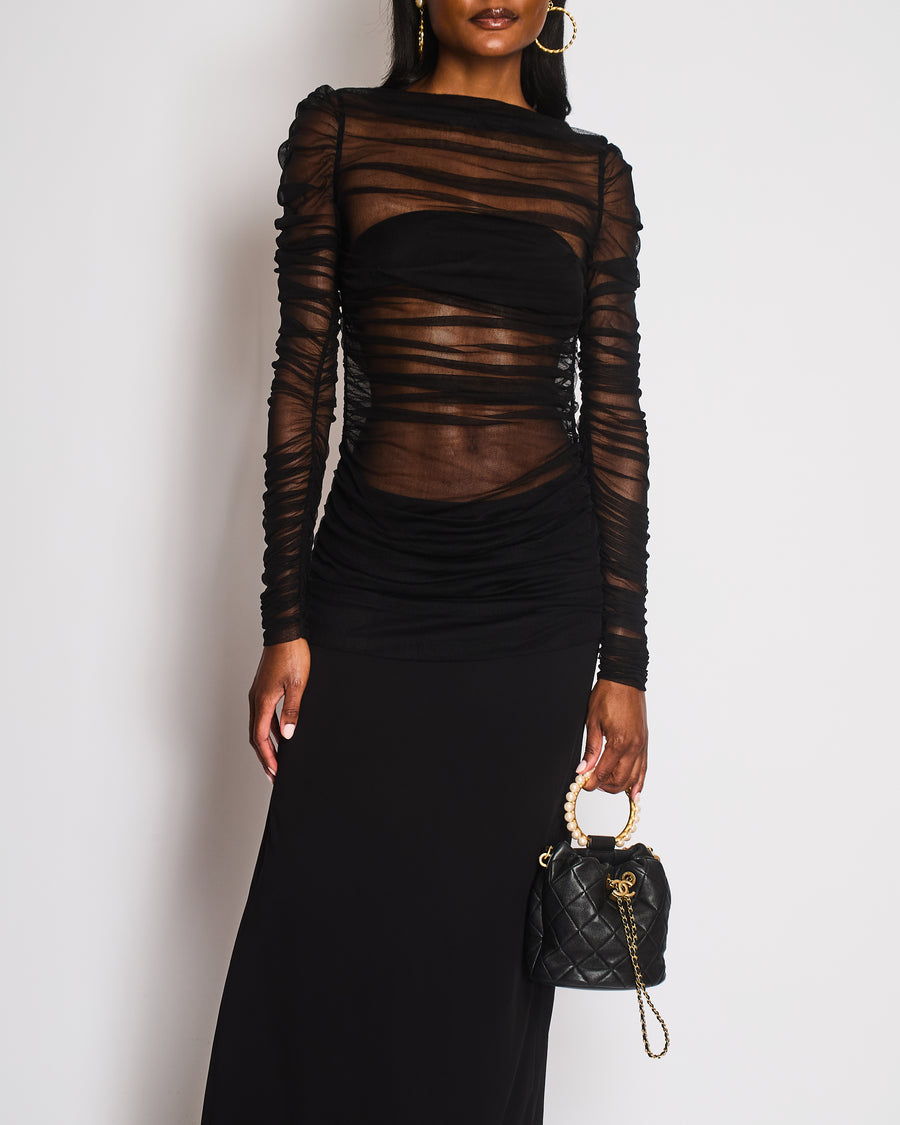 Christopher Esber Black Tulle Rushed Maxi Dress Size UK 8