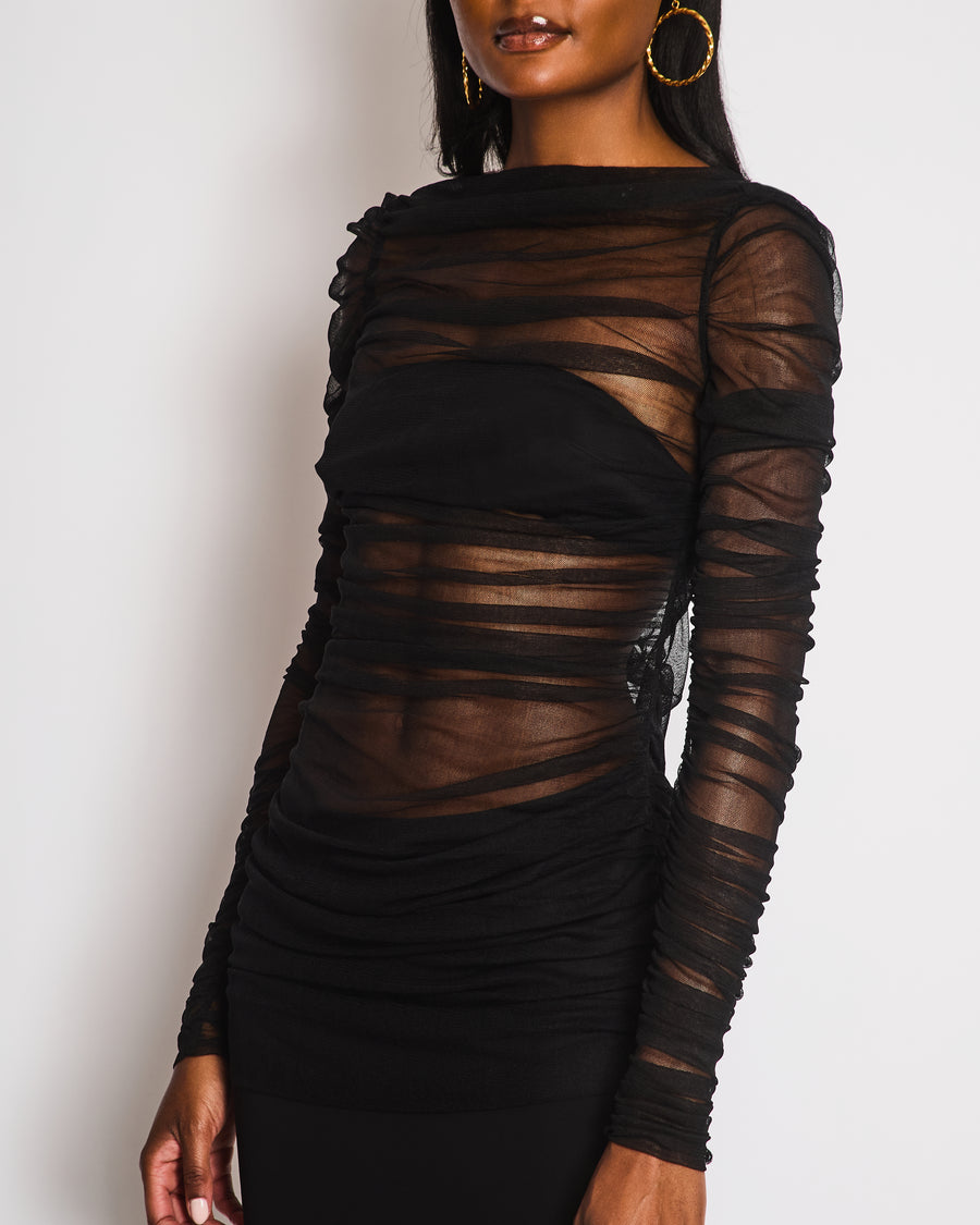 Christopher Esber Black Tulle Rushed Maxi Dress Size UK 8