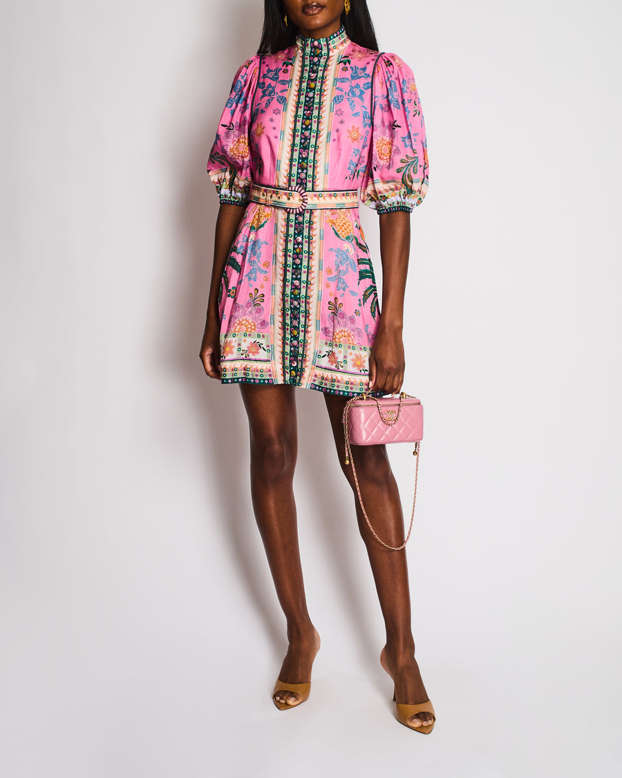 Zimmermann Pink Buttoned High Neck Mini Dress with Multi-Coloured Flor –  Sellier