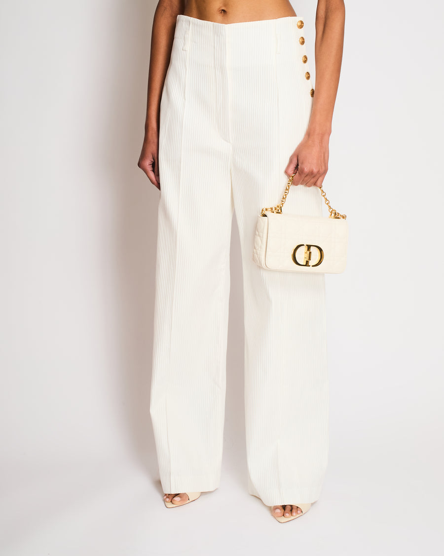 Christian Dior White Pinned Striped Flared High-Waisted Trousers With Gold Start Button Details On Side Size FR 40 (UK 12)
