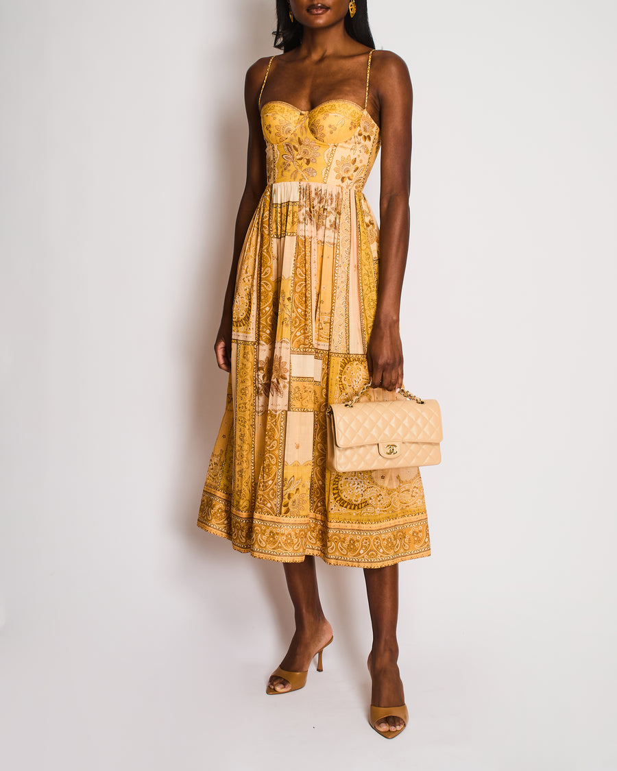 Zimmermann Yellow Bandana and Floral Print Corset Midi Dress Dress Size 0 (UK 8)