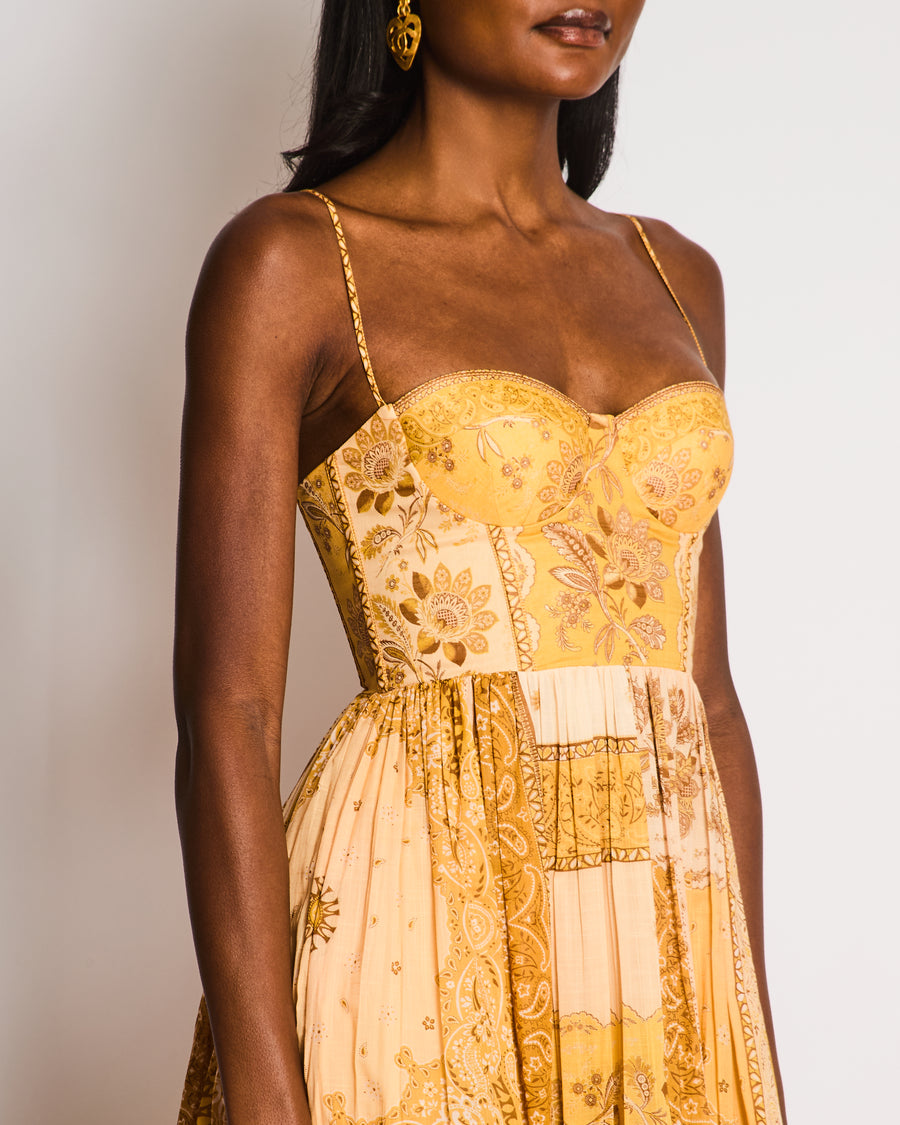 zimmermann yellow floral dress Golden Ruffle Mini Dress, Pink/Gold Floral, Size 2 buttoned front Zimmermann Yellow Floral Mini Dress