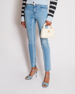 Chanel Spring 2019 Light Blue Skinny Jeans with Chain Print, Back Brown CC Logo Detail and Zips Size FR 34 (UK 6)