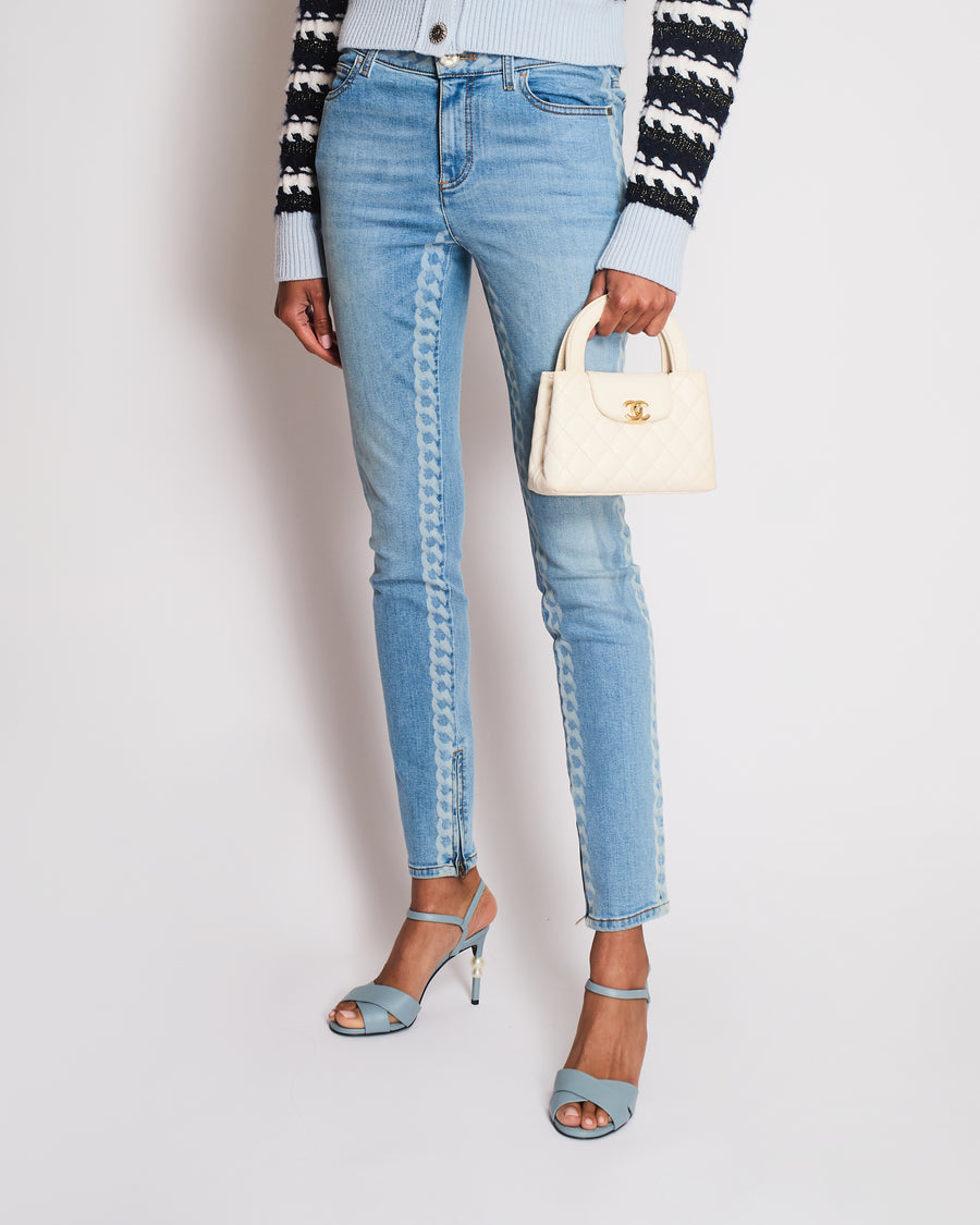 Chanel Spring 2019 Light Blue Skinny Jeans with Chain Print, Back Brown CC Logo Detail and Zips Size FR 34 (UK 6)