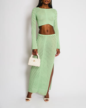 Devon Windsor Green Knitted Crochet Set With Long Sleeves Cropped Top and Long Skirt Size XS (UK 6)