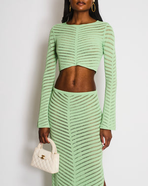 Devon Windsor Green Knitted Crochet Set With Long Sleeves Cropped Top and Long Skirt Size XS (UK 6)