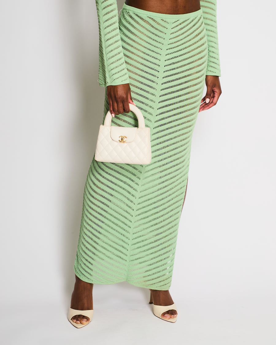 Devon Windsor Green Knitted Crochet Set With Long Sleeves Cropped Top and Long Skirt Size XS (UK 6)
