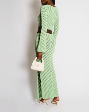 Devon Windsor Green Knitted Crochet Set With Long Sleeves Cropped Top and Long Skirt Size XS (UK 6)