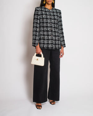 Chanel FW22 Black and White Checkered Tweed Jacket With White Sequins Details Size FR 34 (UK 6)
