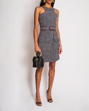 Chanel SS15 Black, Red, Blue and White Tweed Set With Cropped Jacket and Dress With Matching Belt and CC Logo Buttons Details Size FR 36/38 (UK 8/10)